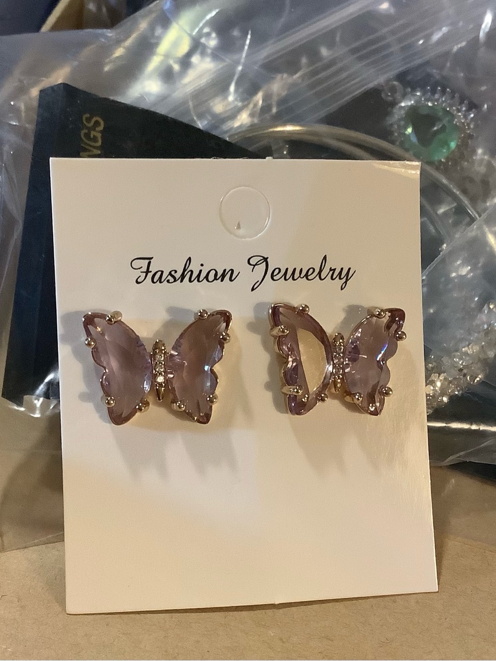 Fashion Jewelry Purple Butterfly Stud Earrings with Gold Trim